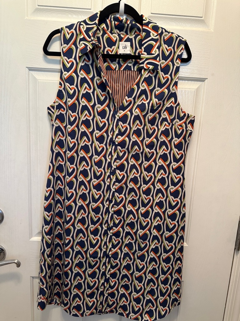 CAbi Navy Sleeveless Mini/Midi Shirt Dress with Multicolor Heart Chain Print M